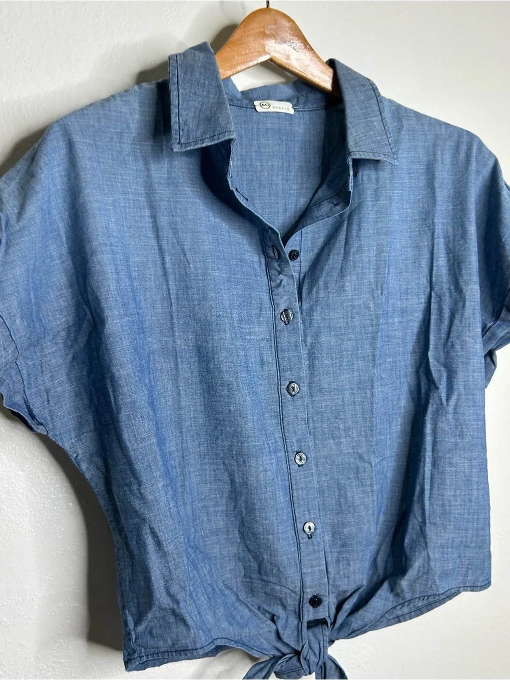 AG 100% Cotton Denim Chambray Button Down Tie Front Short Sleeve Boxy Blouse Top